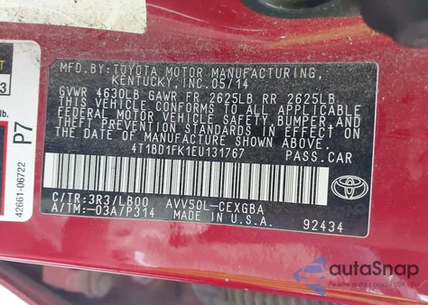 2014 Toyota Camry Hybrid Xle from USA, damaged, VIN 4T1BD1FK1EU131767